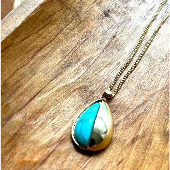 Turquoise Drop Pendant Necklace Blue + Silver Vintage - Picture 2 of 4